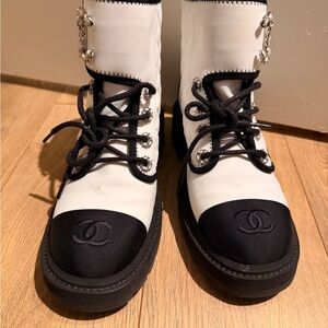 Chanel Monochrome Lace-Up Boots with Logo